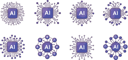 Vector art of a set of artificial intelligence chip icons with circuit patterns isolated on transparent background