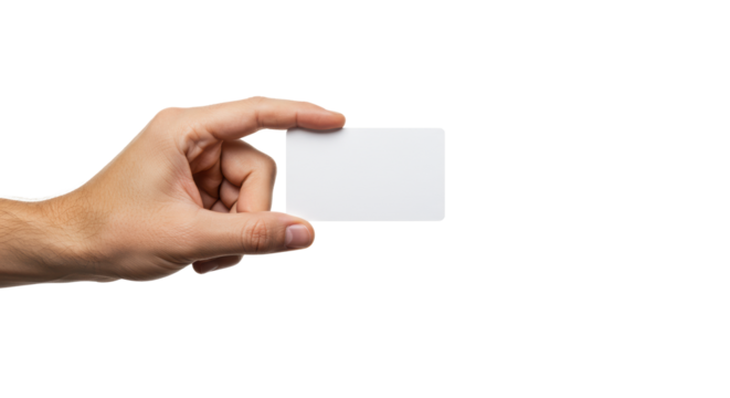 A clean, well-groomed caucasian male hand (30s-40s) gently holding a pristine, blank white rectangular matte card, presented against a transparent background with ample copy space, professional