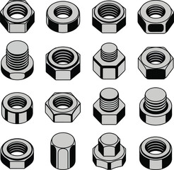Vector Icon Set of Industrial Steel Nuts – Hex, Wing, Cap, Lock, Flange, and Square Types on White Background"

