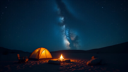Realistic depiction summer night sky over desert campsite showcasing vivid Milky Way band and glowing campfire under star studded heavens in  Photo Stock  Concept  and empty space on the left side