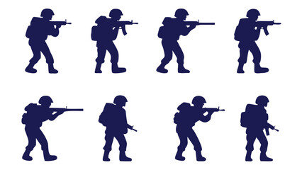 Soldiers aiming rifles dark navy silhouettes military