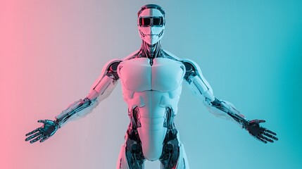 Futuristic Robot Standing with Arms Outstretched in Pink and Blue Light
