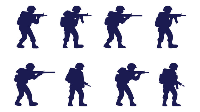 Soldiers aiming rifles dark navy silhouettes military