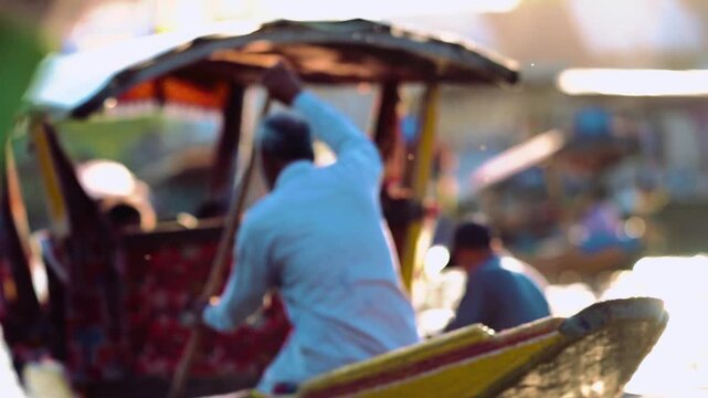 Local Man Rowing Shikara in Srinagar Market Waters