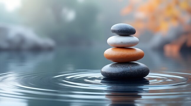 Stack of balanced stones in calm water with ripples
