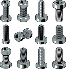 Detailed Vector Icons of Heavy Duty Steel Bolts – Industrial Fasteners for Machines, Tools, and Equipment"

