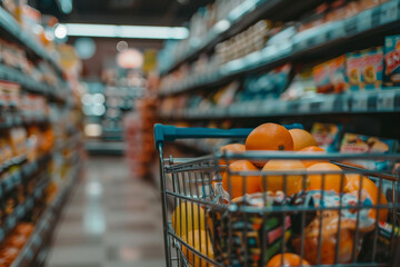 Person buying food in a supermarket aisle grocery department created with generative AI
