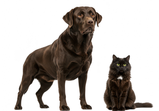A chocolate labrador dog stands next to a black cat sitting on a transparent background