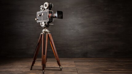 Vintage film camera mounted on a wooden tripod with metallic body, large cylindrical lens, black hood, and visible film reels against a dark background.