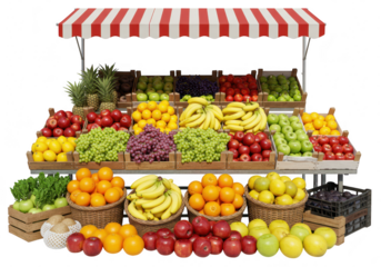 A vibrant fruit market stand overflowing with a colorful assortment of fresh, ripe fruits isolated on transparent background