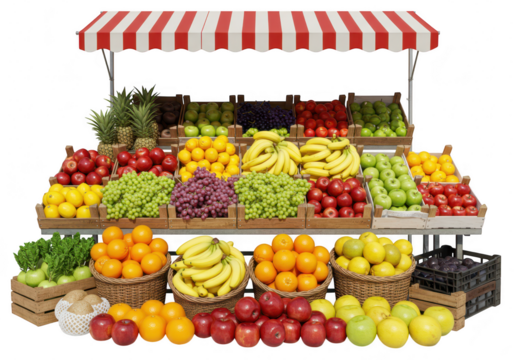 A vibrant fruit market stand overflowing with a colorful assortment of fresh, ripe fruits isolated on transparent background