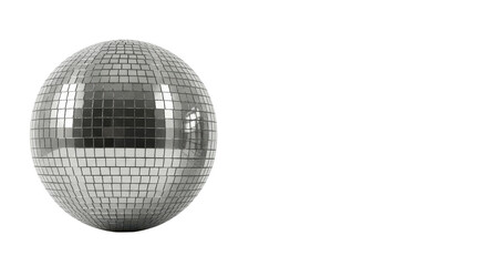 Fototapeta premium Two identical, perfectly spherical disco balls with polished mirrored facets reflecting intricate light, isolated on a pristine transparent studio background with no shadows, floating. Concept of