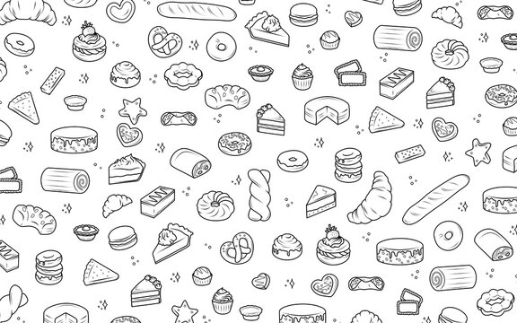Background with hand drawn bakery and confectionery products in doodle style. cakes, croissants, donuts, muffins, pretzels, cookies, sweets. suitable for packaging sweets, cafe and pastry shop menus.