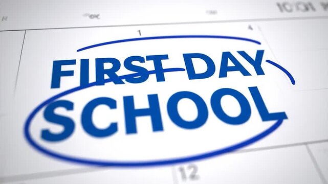 Calendar page displays "First Day School" circled in blue, showing a date