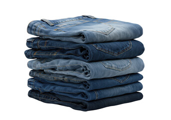 A neat stack of folded blue denim jeans isolated on a transparent background