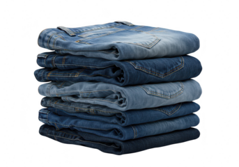 A neat stack of folded blue denim jeans isolated on a transparent background