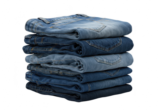 A neat stack of folded blue denim jeans isolated on a transparent background