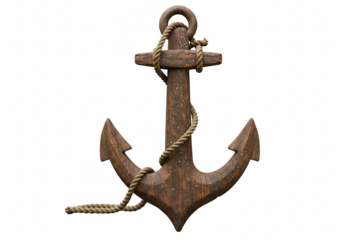 A rustic wooden ship anchor with a thick rope coiled around it, presented on a transparent background