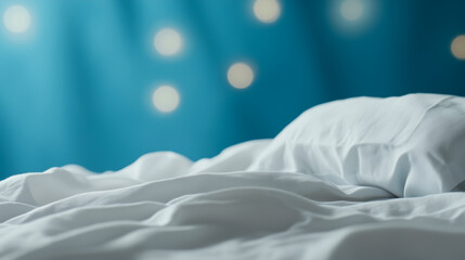 A neatly arranged white bedspread with a fluffy pillow rests on a soft surface. The background features a soothing blue hue with soft, blurred circular lights.