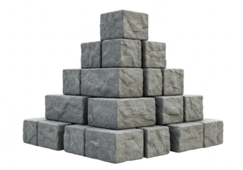 A pyramid stack of rough gray stone blocks isolated on a transparent background