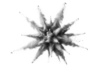 Dynamic explosion of fine grey powder forming intricate abstract cloud with fluid swirling patterns and varying densities, isolated on transparent background with copy space, high angle studio