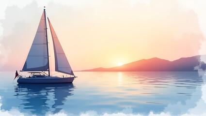 Fototapeta premium Realistic Watercolor Sailing Adventure at Dusk: Silhouetted Masts Against Pastel Sky with Tranquil Water Ripples - Perfect for Photo Stock with Left Space for Text