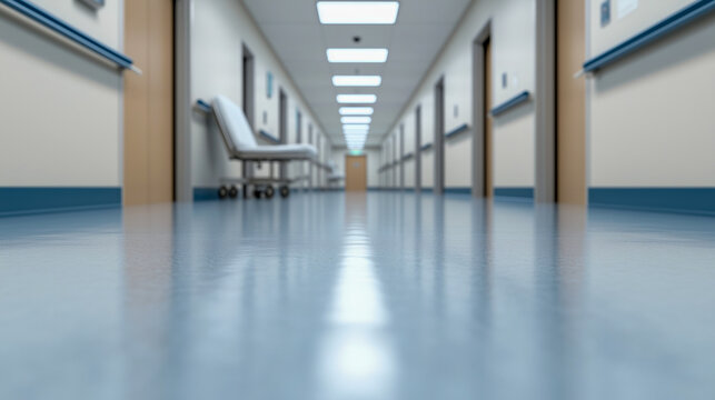 The image showcases a hospital corridor viewed from a low angle. The shiny blue floor reflects overhead lights, while empty benches line the walls, emphasizing the sterile environment.