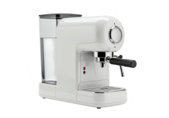 A modern white espresso coffee maker with chrome accents is isolated on a transparent background