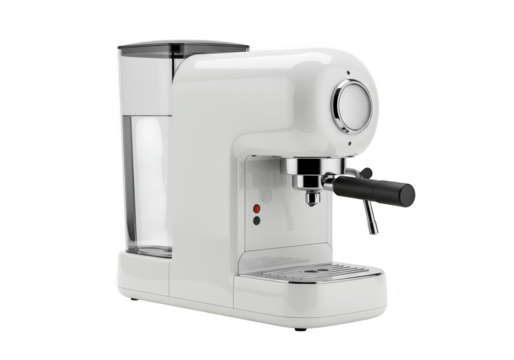 A modern white espresso coffee maker with chrome accents is isolated on a transparent background