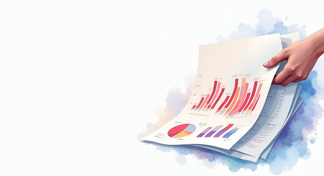 Watercolor Financial Report: Hands Flipping Through Pastel Pages with Empty Space for Text - Monthly Financial Overview