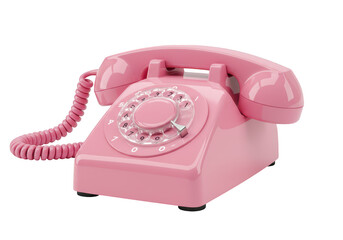 A bright pink vintage rotary telephone with a coiled cord, isolated on a transparent background