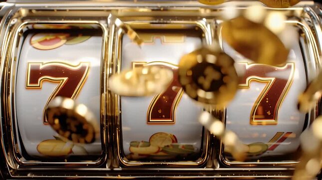 Slot machine with 7 symbols, spinning coins, and the risk of gambling addiction.