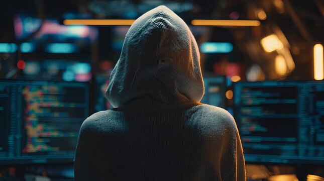 Dark hoodie man, mysterious hacker at monitors, threatening digital security and privacy.