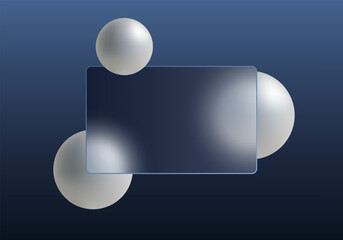 Vector illustration of a transparent rectangular panel with rounded corners on a dark blue background and silver-metal spheres surrounding the panel, creating a stylish and futuristic abstract composi