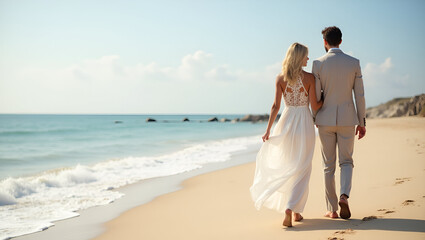 Elegant Destination Wedding Attire: Lightweight Chiffon Gown & Linen Suit on Sandy Beach - Perfect for Your Wedding Photo Stock