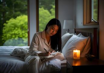 A young Japanese woman with long black hair, wearing a cream-colored silk pajama set, journaling on a queen-sized bed with a lit vanilla-scented candle beside her on a dark wood nightstand, emotional 
