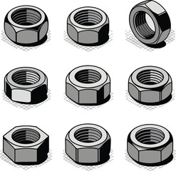 Heavy Duty Industrial Nuts Vector Icons – High Torque Fasteners for Machinery and Engineering Use