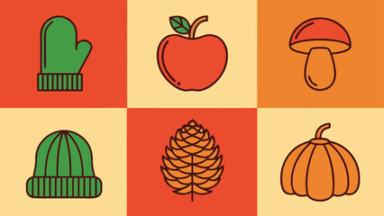 Autumn harvest and winter wear icons food clothing
