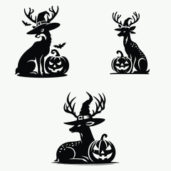 Fototapeta premium Deer wear witch hat and sitting on jack o pumpkin. Halloween Spooky Scary Trick or Treat Haunted Ghost Clipart Line Art Vector Illustration. Woodland creature in pointy cap perched atop.
