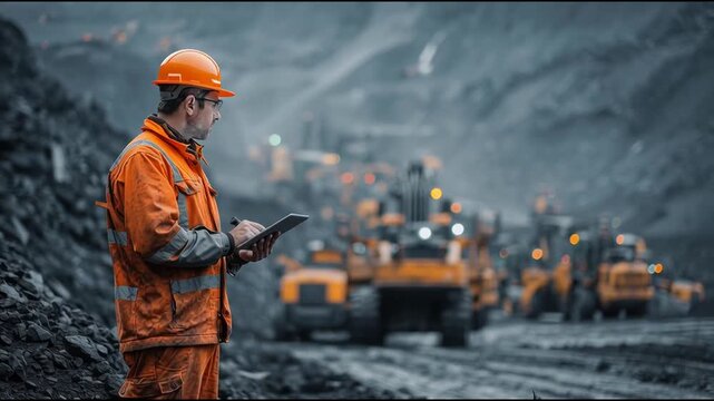Industrial Engineer Using Tablet for Inspection at a Large Open-Pit Mine