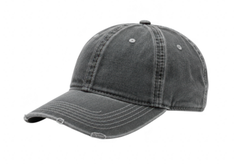 A distressed gray denim baseball cap with white stitching, isolated on a transparent background