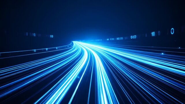 Abstract digital representation of data flow. Binary code and streaks of light create a sense of motion. A dark blue background