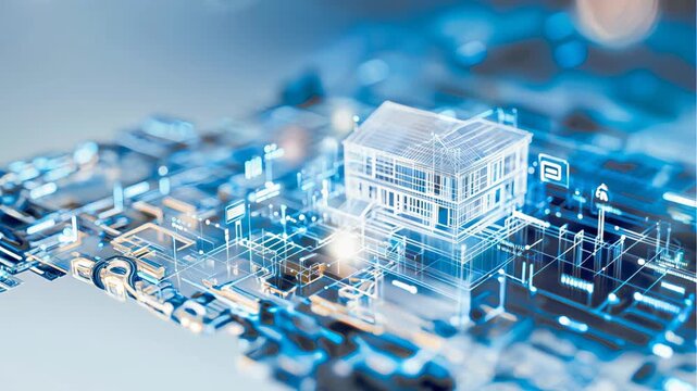 Futuristic Smart Home and IoT Concept with a Glowing Hologram House on a Circuit Board