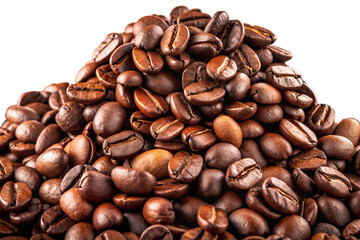 Fototapeta premium Pile of Roasted Coffee Beans Close Up on Transparent Background