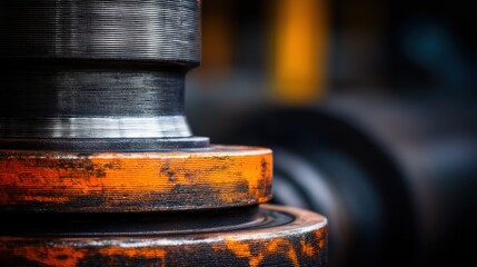 Close-up of weathered industrial machinery components with contrasting orange-brown rust, dark metal ridges, and textured details in a blurred industrial setting.