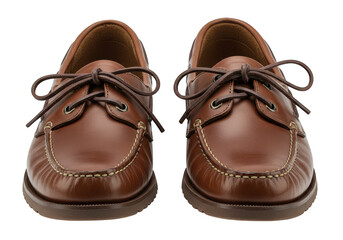 A pair of classic brown leather boat shoes with laces, isolated on a transparent background