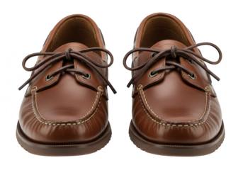 A pair of classic brown leather boat shoes with laces, isolated on a transparent background