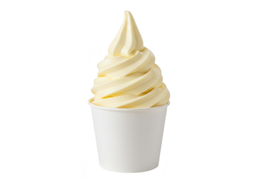 A creamy vanilla soft serve ice cream swirl in a white paper cup, isolated on a transparent background
