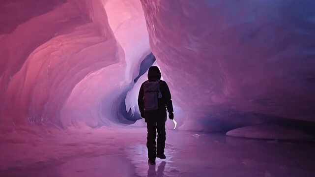 A person walks in an ice cave with pink and blue light wearing a backpack and holding a curved object