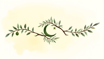Realistic watercolor composition capturing Muslim unity concept interlocking olive branches entwined with crescent symbols over a gentle pastel wash conveying communal harmony in  Photo Stock  Concept